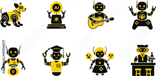 Set of 8 black and yellow robot character vector icons featuring AI, music, gaming, education, service, and bar themes, ideal for technology, business