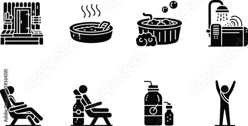 Set of 8 black glyph vector icons depicting various spa, sauna, and relaxation activities, including a sauna room, hot tub, jacuzzi, shower, person relaxing on a lounge chair, massage