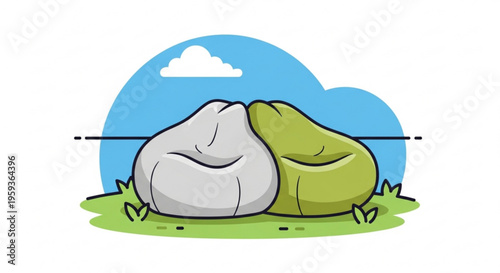 Two smiling bean bags hug on green grass under blue cloud sky with white fluffy cloud