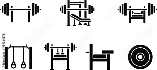 Set of 7 black silhouette gym equipment vector icons, including barbells, weight benches, pull-up bar with rings, and a weight plate, ideal for fitness apps, websites