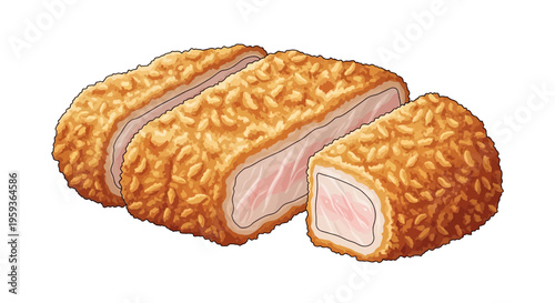 Crispy breaded pork cutlet, sliced, isolated on white background