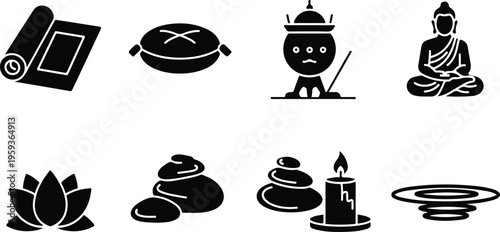 Set of 8 black glyph vector icons for meditation, yoga, and spa relaxation, featuring Buddha, lotus, yoga mat, cushion, incense, stacked stones, and candle for wellness design. isolated PNG with