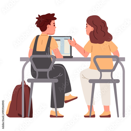 Two teenagers a boy and a girl working together on educational project sitting at desk with laptop flat vector illustration. Students sitting back chatting