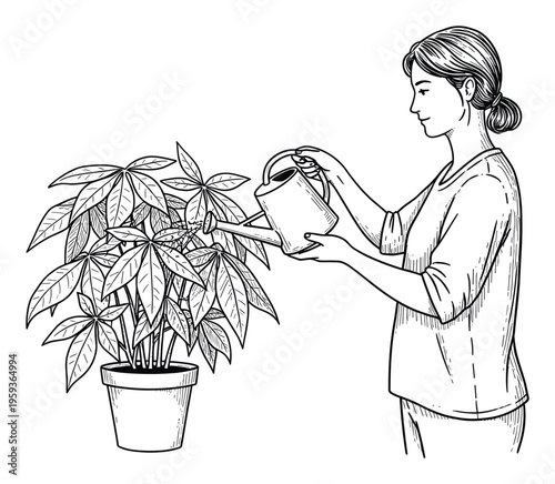 Asian woman watering a potted houseplant with a watering can, illustrating plant care and home gardening activities suitable for lifestyle media and green living promotions