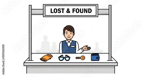 Man standing behind lost and found office desk with various items on it sign above