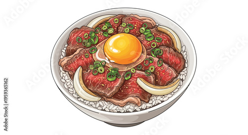 Japanese Beef Bowl with Raw Egg and Scallions