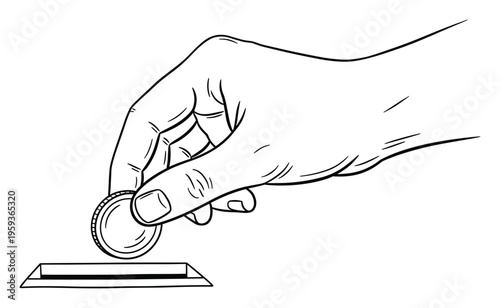Human hand holding and dropping a coin into a slot representing concepts of saving, making payments, or donating money for various financial and transactional applications