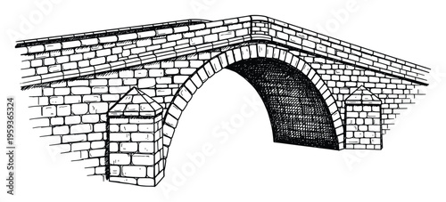 Hand drawn black and white sketch of an old stone bridge with an arched structure perfect for historical architectural studies or traditional construction projects