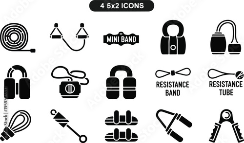 Set of 15 black glyph fitness and gym resistance training icons vector, including mini bands, tubes, and bands for workout equipment and exercise routines, ideal for web, app