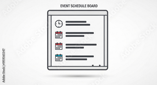Event schedule board with calendar icons and clock on white background