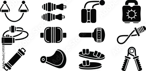 Set of 12 black silhouette diving and snorkeling equipment vector icons, including flippers, mask, snorkel, oxygen tank, and weight belt for underwater sports. isolated PNG with Transparent