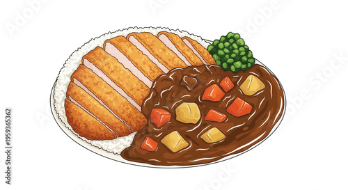 Japanese Katsu Curry with Rice and Peas, Illustration