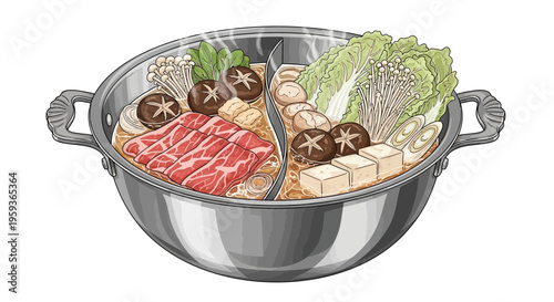 Japanese hot pot with beef, vegetables, and mushrooms