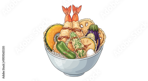 Japanese Tempura Rice Bowl with Shrimp and Vegetables