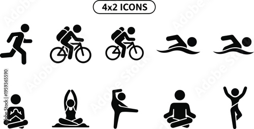 Set of 8 black and white vector icons depicting various sports and fitness activities including running, cycling, swimming, yoga, and meditation for health and wellness designs. isolated PNG