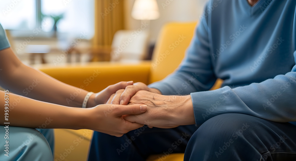 Obraz premium Compassionate hands gently holding, symbolizing support, comfort, and human connection for an elderly individual from a caring professional in a cozy home setting