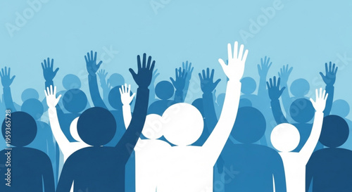 A diverse crowd of people with hands raised in unison conveying unity and collective action against a blue background