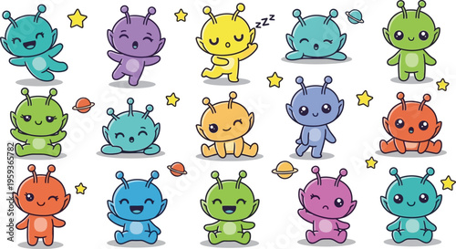 Adorable Cartoon Alien Creatures Set with Stars