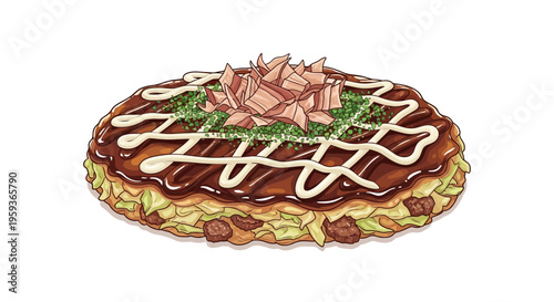 Okonomiyaki, Japanese savory pancake with toppings, isolated on white