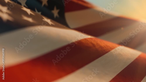 American flag symbol of Memorial Day waving at the funeral sunset