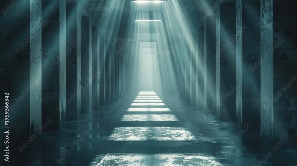 Fototapeta premium Dark Futuristic Corridor with Volumetric Light Beams and Dramatic Perspective