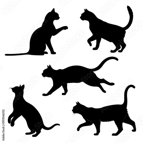A set of five black cat silhouettes in various poses on a white background