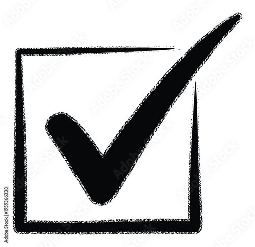 A black handdrawn style checkmark symbol within a square checkbox frame signifying approval, correctness, or completion for use in various visual assets and user interfaces.