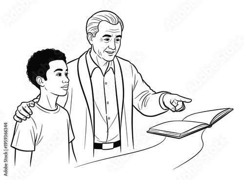 An older man with a kind smile points to an open book while gently placing his hand on a young Black boys shoulder, symbolizing intergenerational learning and educational guidance for