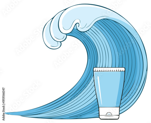 Stylized Ocean Wave with Blue Tube Packaging for Sun Protection Beauty Product