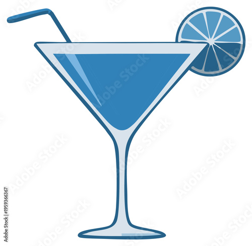Blue cocktail in a martini glass with lime slice and straw.