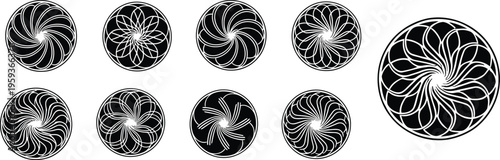 A collection of nine black and white nautilus shell inspired designs