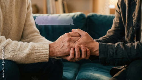 Close up of hands holding senior hands with chat bubble icon for mental health support, elderly care assistance, counseling app and empathy concept at home.