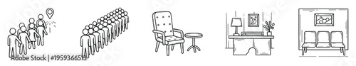 Doodle drawing collection showcasing people queuing, an armchair with a side table, an organized office desk, and a public waiting room for business or service organizations.
