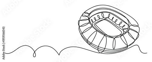 Continuous line drawing illustrating a sports stadium or arena with a wavy path, perfect for promoting athletic events, championship games, and architectural design concepts