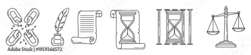 Symbolic line graphics depicting themes of liberation, historical documentation, time management, and judicial fairness for legal information and educational resources