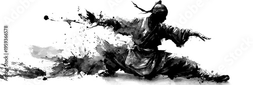 Dynamic Chinese Ink Martial Arts Illustration of a Kung Fu Practitioner Isolated on White Background and Copy Space. Created with Bold Calligraphic Brushstrokes and Dynamic Ink Splashes. Generative Ai