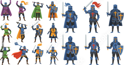 Set of Medieval Knight Illustrations Armored Warriors with Swords Shields and Capes Historical Character Collection Isolated on White Background Vector 