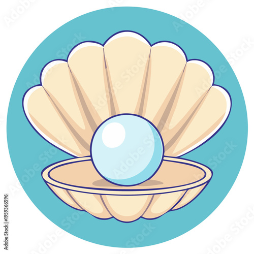 Shiny white pearl inside a beige shell placed in a light blue circle