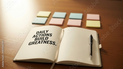 Open journal with motivational quote and sticky notes