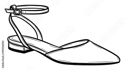 Classic pointed toe flat shoe with an adjustable ankle strap and a low block heel offering everyday comfort and elegant style for footwear catalogs or wardrobe presentations