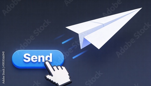 Launching white paper airplane gliding on dark blue grid, with Send button, pixel cursor, streaks