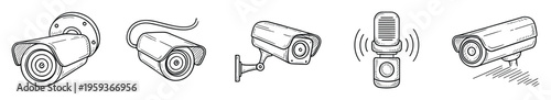 Variety of handdrawn security cameras and surveillance sensors for monitoring systems or property protection, ideal for graphic projects related to safety and observation equipment.