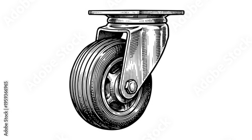 This vintage style drawing showcases a single industrial caster wheel, featuring a rubber tire mounted on a metal swivel fork with a circular mounting plate, perfect for machinery or furniture
