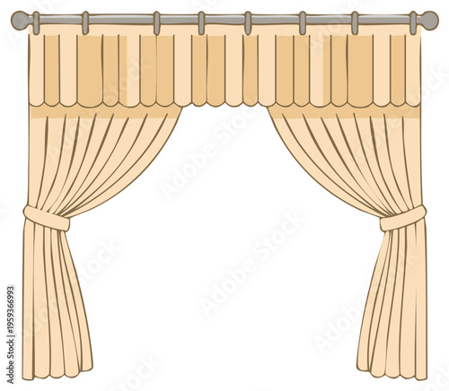 Elegant Fabric Curtains Illustration with Decorative Drapery Swag and Tie Backs