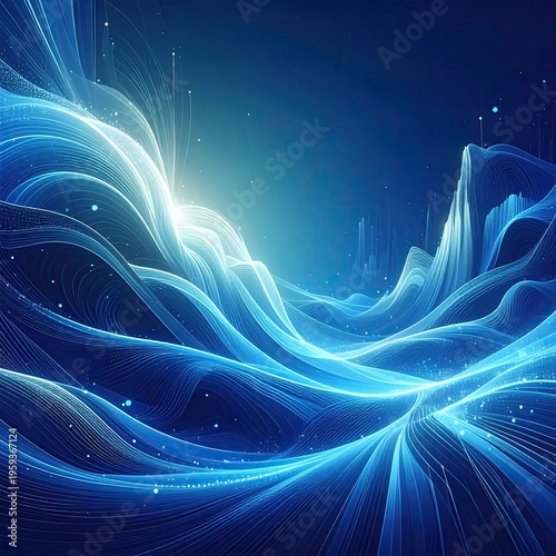 Wavy, glowing blue lines; abstract landscape