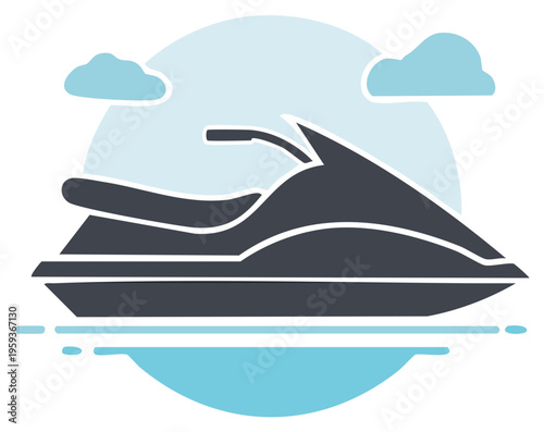 Modern jet ski glides across calm blue water under a bright sky with fluffy clouds