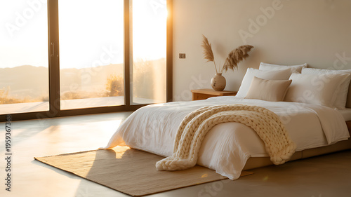Luxurious master bedroom with a white bed and knitted throw blanket facing a large glass window with a panoramic desert landscape view at sunset for high-end real estate and resort living