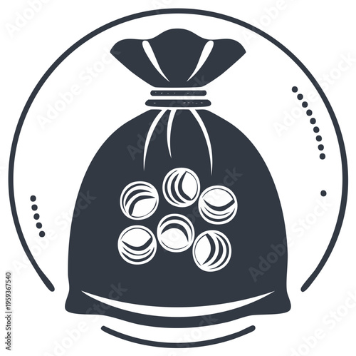 Black and white icon of a drawstring bag filled with marbles inside a circular frame with dotted accents