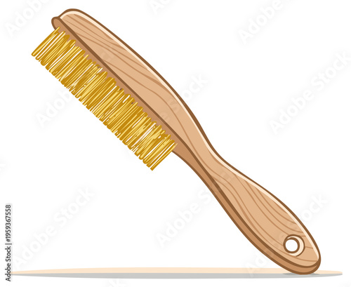 Isolated wooden handle scrub brush with stiff yellow bristles vector illustration