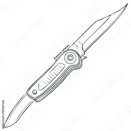 Outline Illustration of Folding Pocket Knife with Serrated Edges and Angled Blade, Sharp Metal Implement